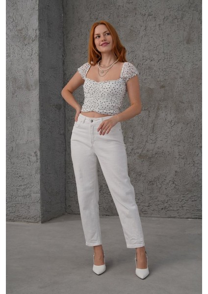 Mottisfashion Puantiyeli Belden Oturtmalı Tül Beyaz Bluz