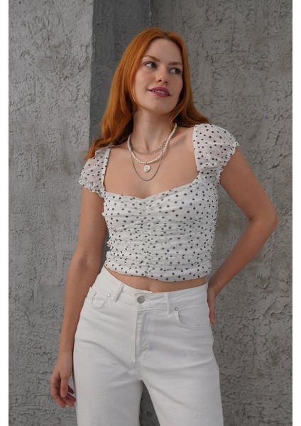 Mottisfashion Puantiyeli Belden Oturtmalı Tül Beyaz Bluz