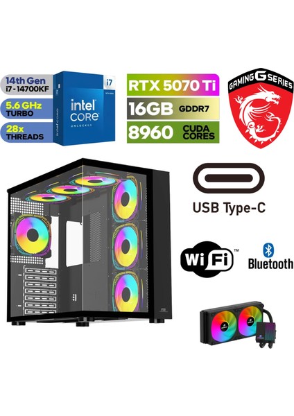 Msı Pc Ddr5 -Rtx 5070Tİ 16GB – Intel I7 14700KF – 32GB -64GB Ddr5 Ram – 1 Tb M.2 SSD - Sıvı Sogutmalı-Windows 11 Pro Masaüstü Bilgisayar