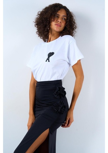 Mottisfashion Yandan Büzgülü Güllü Etek - Siyah fırsatları