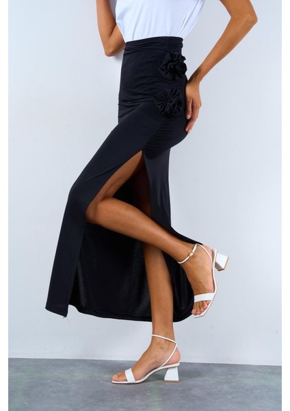 Mottisfashion Yandan Büzgülü Güllü Etek - Siyah
