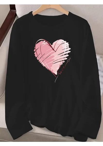 Mottisfashion Kadın Uzun Kollu Bisiklet Yaka Kalp Desenli Viskon Bluz modelleri