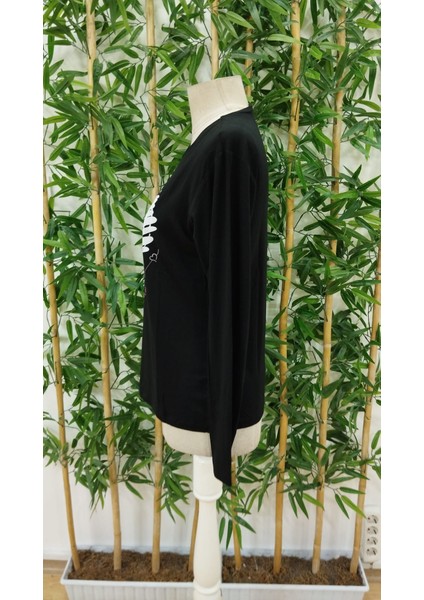 Mottisfashion Kadın Uzun Kollu Bisiklet Yaka Kalp Desenli Viskon Bluz