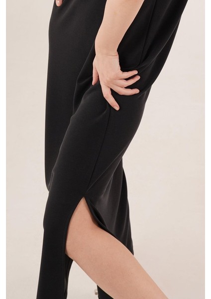 Mottisfashion Yırtmaç Detaylı Kısa Kollu Salaş Maxi Siyah Elbise fırsatları