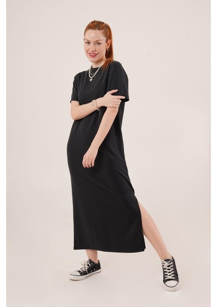 Mottisfashion Yırtmaç Detaylı Kısa Kollu Salaş Maxi Siyah Elbise