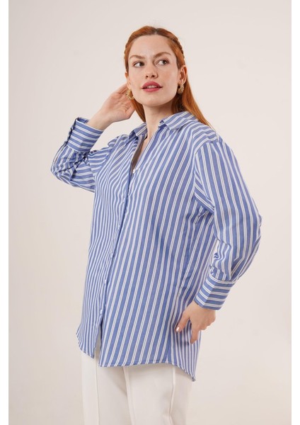 Mottisfashion Çift Çizgi Geçişli Düğmeli Mavi Gömlek