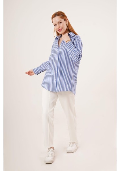 Mottisfashion Çift Çizgi Geçişli Düğmeli Mavi Gömlek