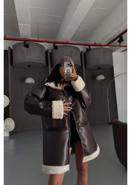 Mottisfashion Deri Mont Kol ve Yaka Peluş Kapaksız Cep Detaylı - Kahverengi