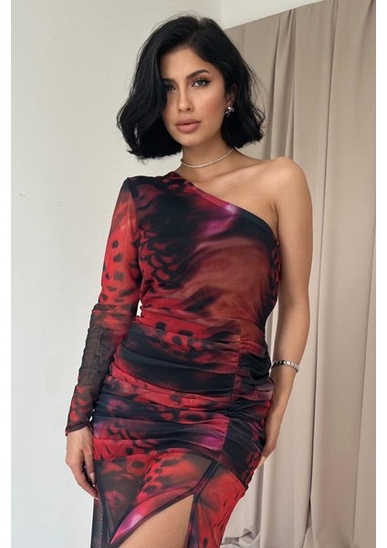 Mottisfashion Kırmızı Tek Omuzlu Tül Elbise modelleri