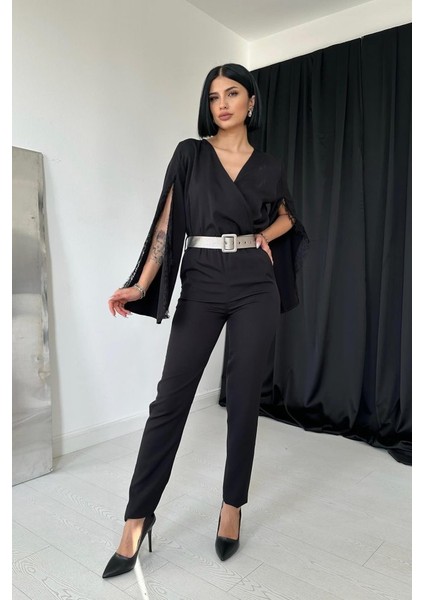 Mottisfashion Siyah Yırtmaçlı Tulum