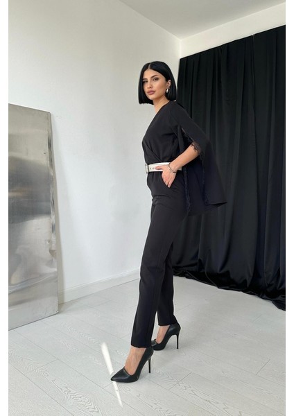 Mottisfashion Siyah Yırtmaçlı Tulum