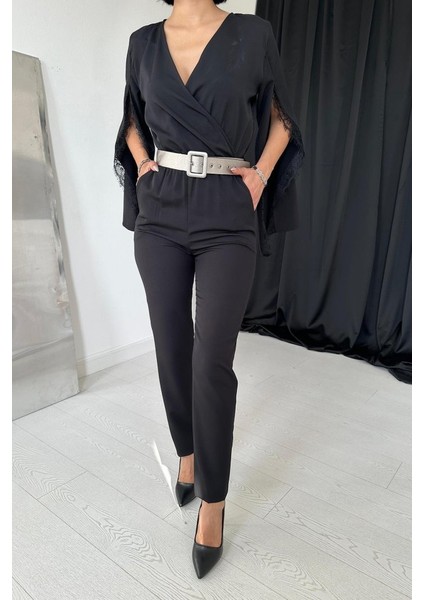 Mottisfashion Siyah Yırtmaçlı Tulum