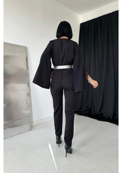 Mottisfashion Siyah Yırtmaçlı Tulum