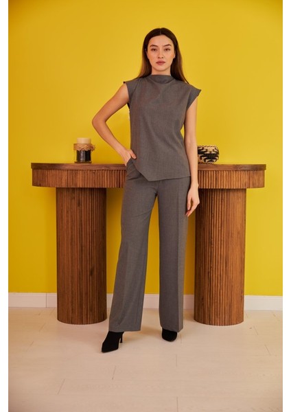 Mottisfashion Gri Sıfır Kol Düğmeli Gömlek Takım