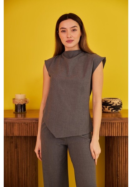 Mottisfashion Gri Sıfır Kol Düğmeli Gömlek Takım