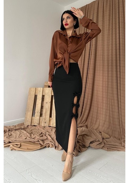 Mottisfashion Siyah Fiyonk Detaylı Etek