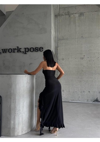 Mottisfashion Strablez Sandy Elbise Yanları Katlı - Siyah