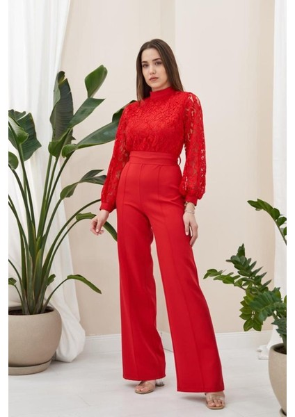 Mottisfashion Kırmızı Üstü Dantel Tulum
