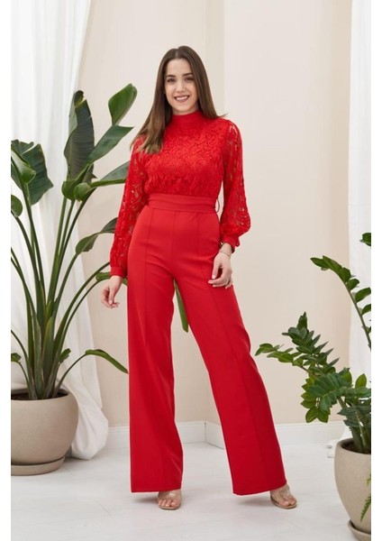 Mottisfashion Kırmızı Üstü Dantel Tulum