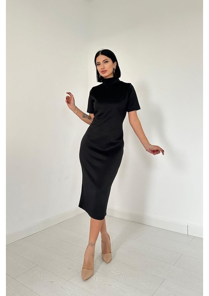 Mottisfashion Siyah Balıkçı Yaka Elbise