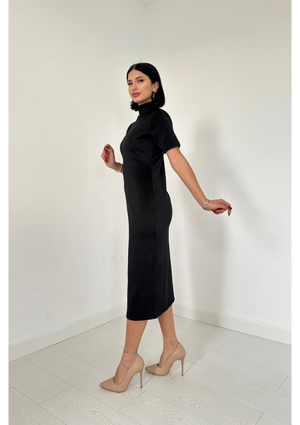 Mottisfashion Siyah Balıkçı Yaka Elbise