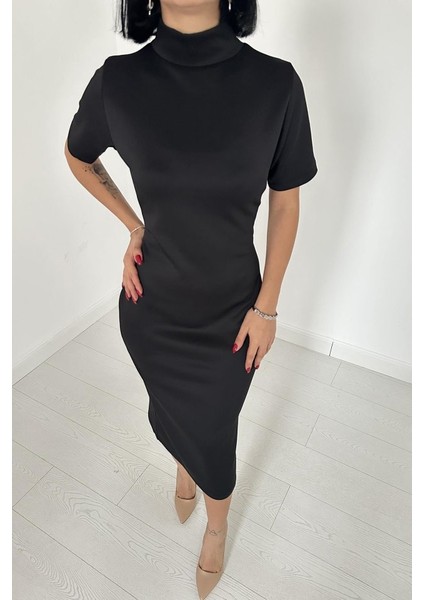 Mottisfashion Siyah Balıkçı Yaka Elbise