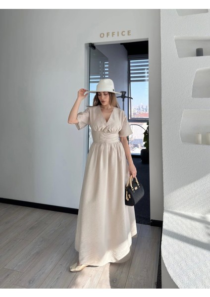 Mottisfashion Kısa Kollu Uzun Elbise - Kırık Beyaz