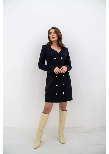 Mottisfashion Siyah Gold Düğmeli Ceket Elbise