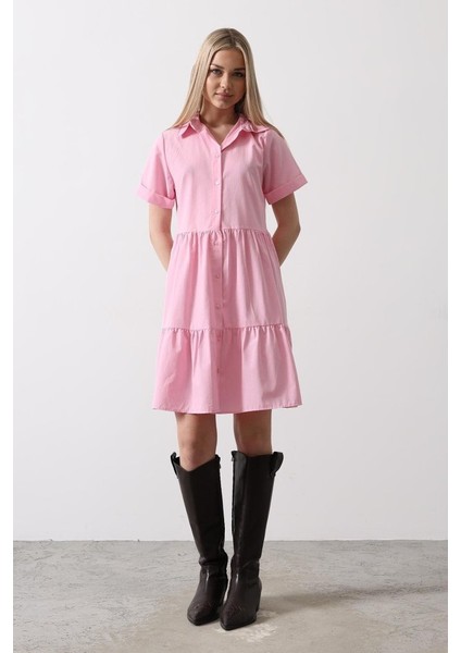 Mottisfashion Kısa Kol Düğmeli Elbise - Şeker Pembe