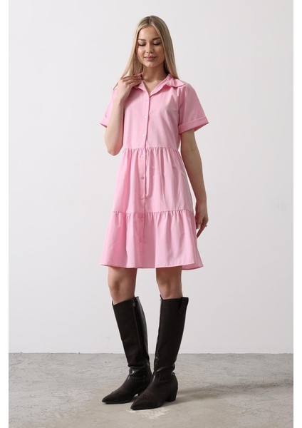 Mottisfashion Kısa Kol Düğmeli Elbise - Şeker Pembe