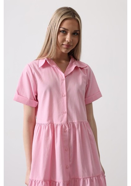 Mottisfashion Kısa Kol Düğmeli Elbise - Şeker Pembe
