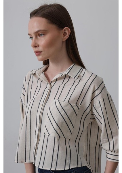 Mottisfashion Çizgili Kısa Gömlek - Bej-Lacivert
