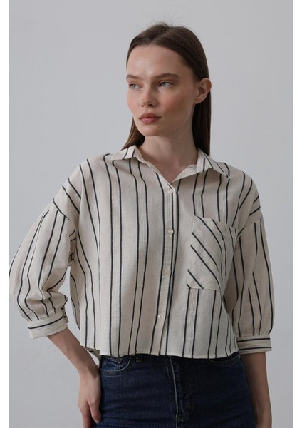 Mottisfashion Çizgili Kısa Gömlek - Bej-Lacivert modelleri