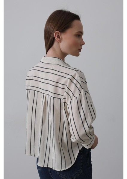 Mottisfashion Çizgili Kısa Gömlek - Bej-Lacivert fırsatları