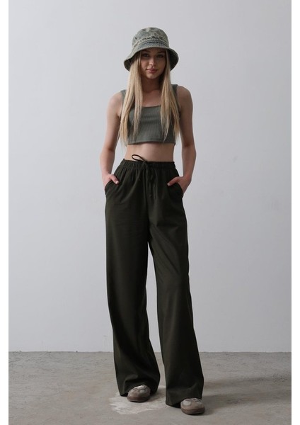 Mottisfashion Beli Lastikli Bol Paça Pantolon - Haki