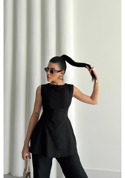 Mottisfashion Jakar Keten Kolsuz Bluz-Pantolon Tk - Siyah