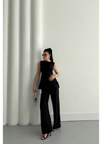 Mottisfashion Jakar Keten Kolsuz Bluz-Pantolon Tk - Siyah fiyatları