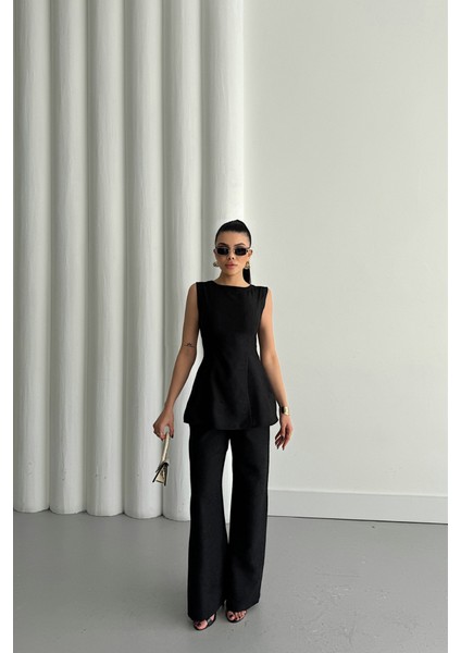 Mottisfashion Jakar Keten Kolsuz Bluz-Pantolon Tk - Siyah modelleri