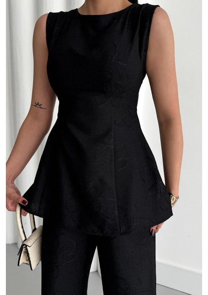 Mottisfashion Jakar Keten Kolsuz Bluz-Pantolon Tk - Siyah fırsatları
