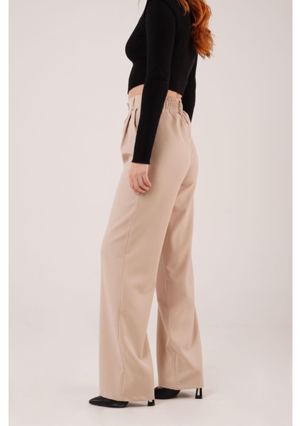 Mottisfashion Bol Paça Piliseli Bej Pantolon