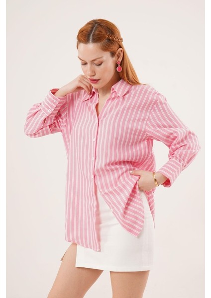 Mottisfashion Çift Çizgi Geçişli Düğmeli Pembe Gömlek