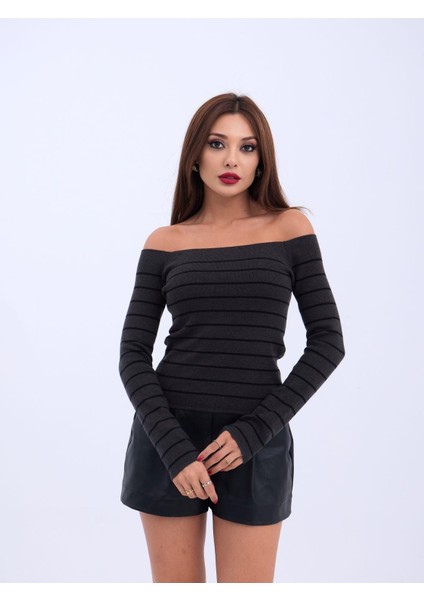 Mottisfashion 4206 Triko Çizgili Kayık Yaka Crop-Antrasit-Siyah