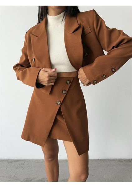 Mottisfashion Düğme Detaylı Etek - Crop Ceket Takım - Kahverengi