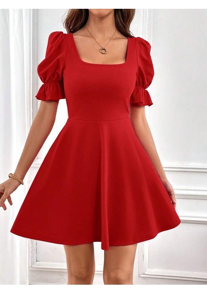 Mottisfashion Kadın Kısa Kollu Kare Yakalı Kiloş Ithal Krep Elbise