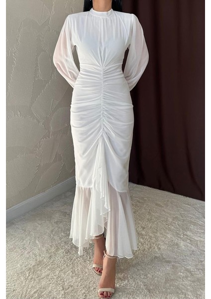 Mottisfashion Beyaz Önü Büzgülü Şifon Elbise modelleri