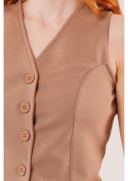 Mottisfashion Önü Düğmeli Camel Yelek modelleri