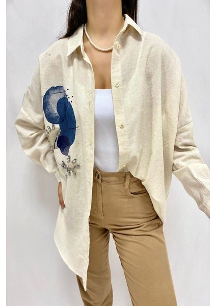 Mottisfashion Bej Taş Işlemeli Keten Gömlek fiyatları