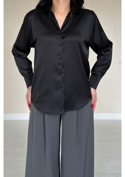 Mottisfashion Siyah Saten Gömlek
