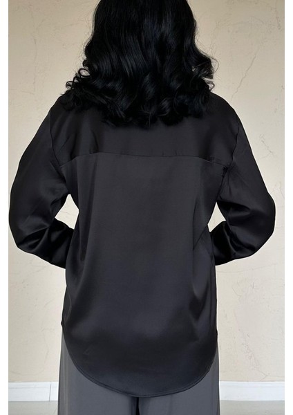Mottisfashion Siyah Saten Gömlek