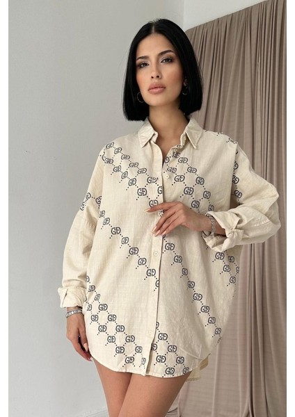 Mottisfashion Bej Boyamalı Keten Baskılı Taşlı Gömlek fırsatları